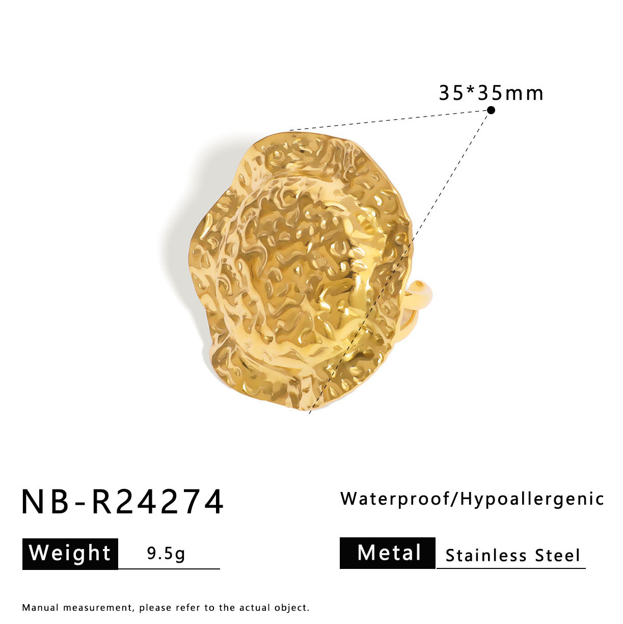 Geometric Textured Open Ring for Women in Stainless Steel with 18K Gold Plating, Matching Earrings Set