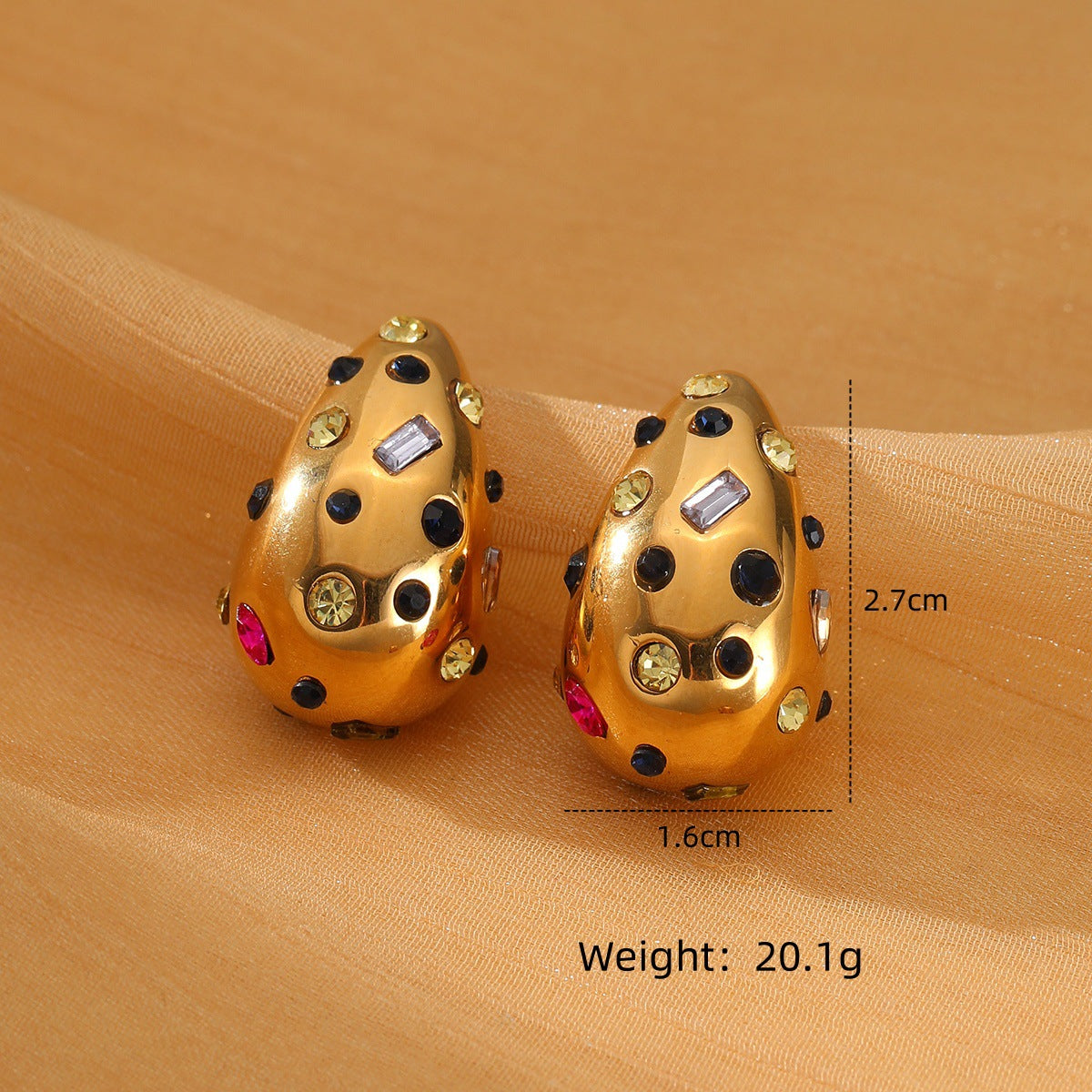Pendientes de acero inoxidable a la moda con forma de gota de agua con incrustaciones de pedrería y chapado al vacío en oro de 18K para mujer