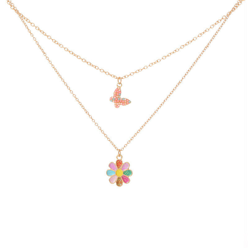 Collana con Ciondolo Girasole Cartone Animato per Bambini, Collana Multistrato a Farfalla in Lega con Finitura Smaltata e Catena a Croce