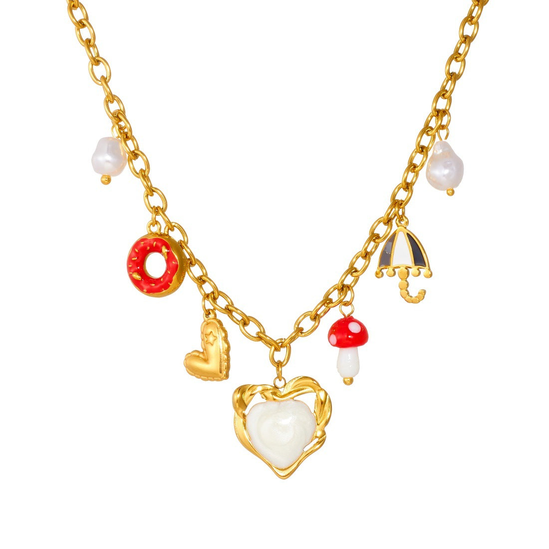 Chic Cartoon Drip Oil Plated Stainless Steel Heart Mushroom Donut Umbrella Necklace with Cable Chain