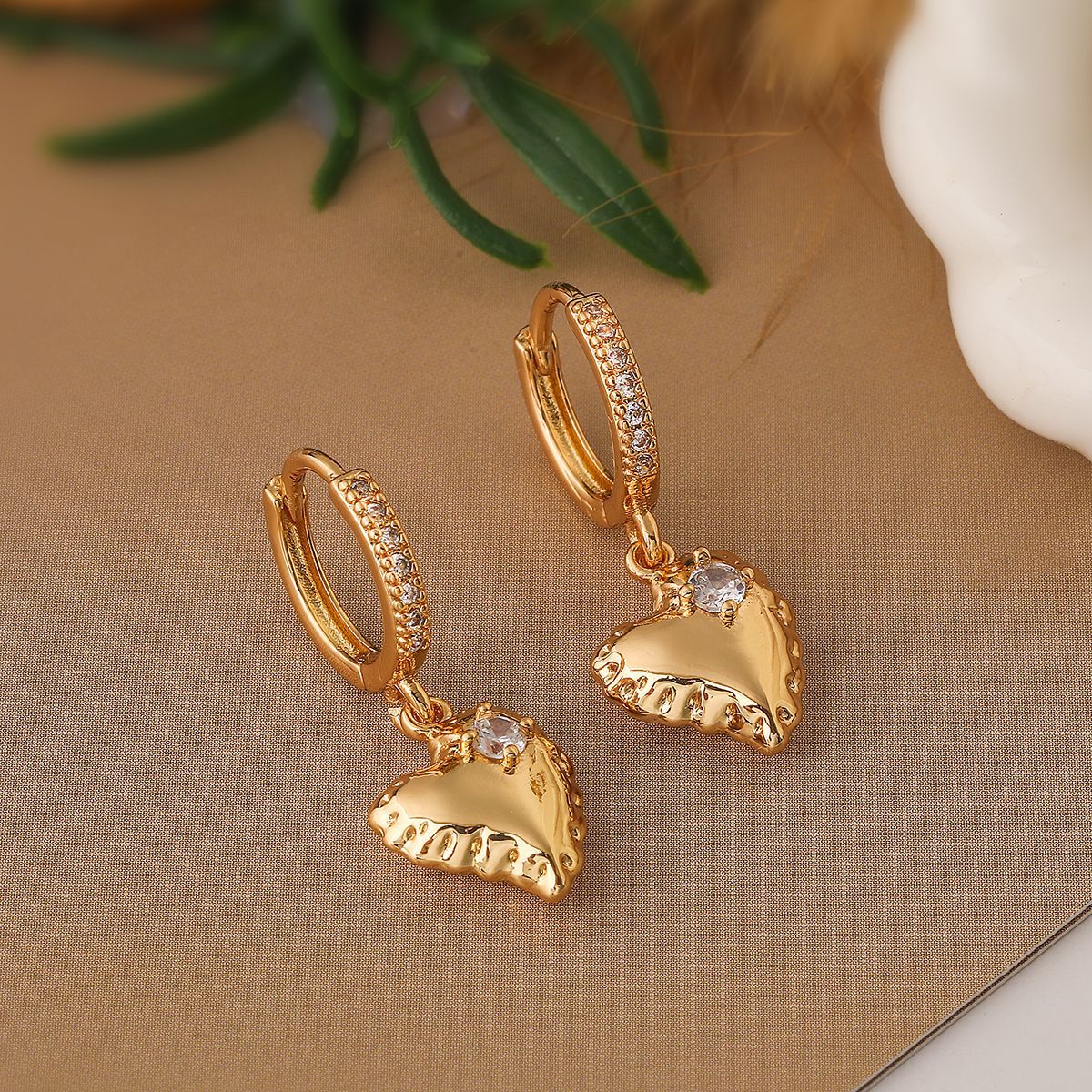 Minimalist Heart-Shaped Copper Earrings with Real Gold Plating and Zircon Accents for Women