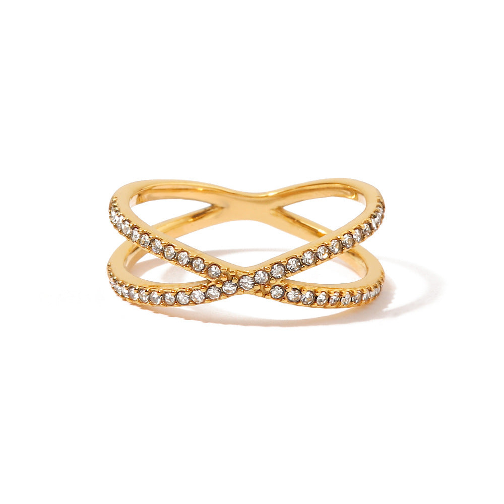 Anello da donna in acciaio inossidabile a forma di croce geometrica minimalista con intarsio di strass, fascia impilabile alla moda, finitura placcata resistente all'ossidazione