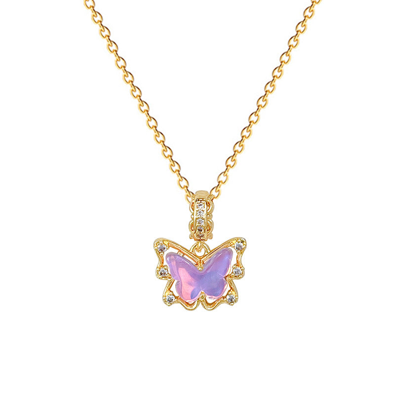 Pink Butterfly Shaped Zirconia Encrusted Necklace for Women with Titanium Steel Chain Minimalist Elegant Locket Style