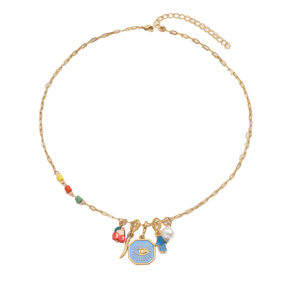 Collar con colgante de ojo turco geométrico de moda para mujer con acabado de esmalte y detalles de perlas en cadena de clavícula