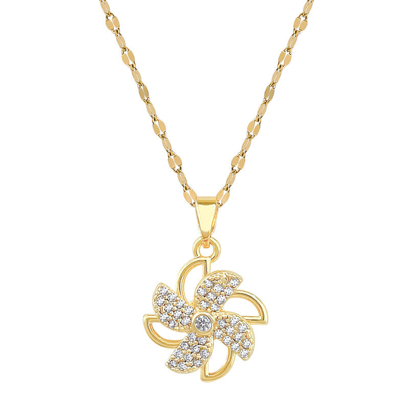 Sweet Geometric Rhinestone Windmill Pendant Necklace Titanium Steel Cable Chain for Unisex