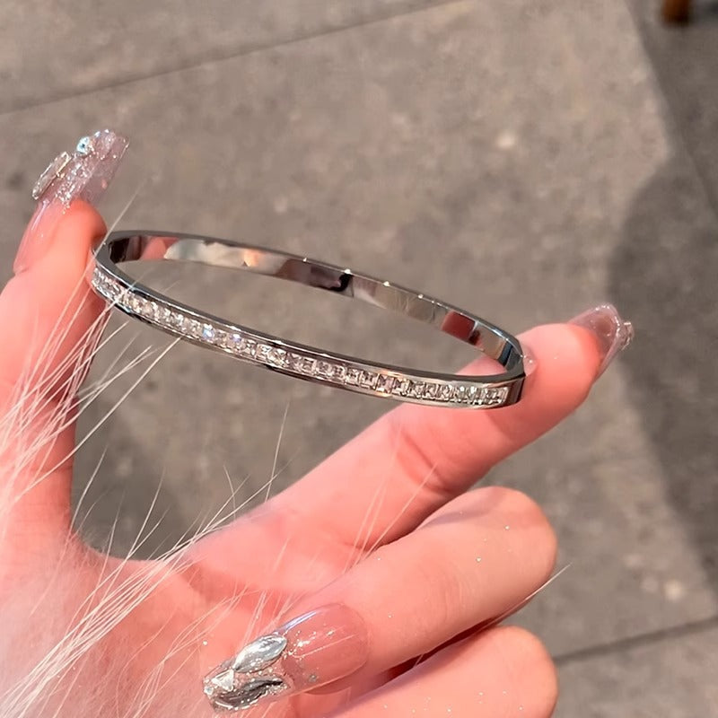 Minimalist Geometric Titanium Steel Plated Bracelet with Full Rhinestone Accents for Women
