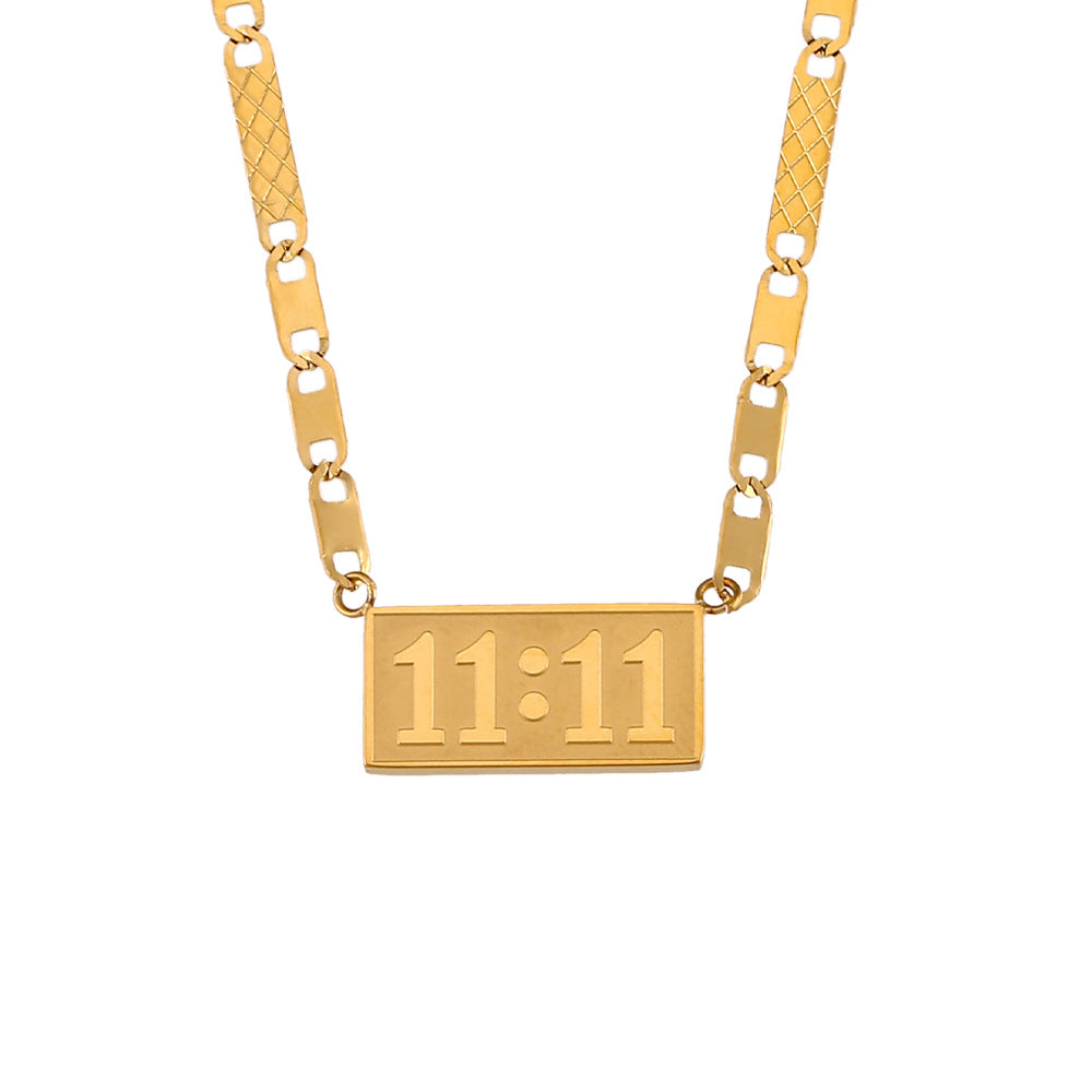 Minimalist Fashion Stainless Steel Rectangular Pendant Necklace with 11:11 and Pig Nose Design for Women
