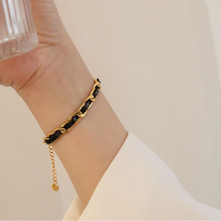 Geometric Leather-Wrapped Titanium Steel Bracelet for Women and Men with Vacuum Plating Finish Minimalist Fashion Accessory