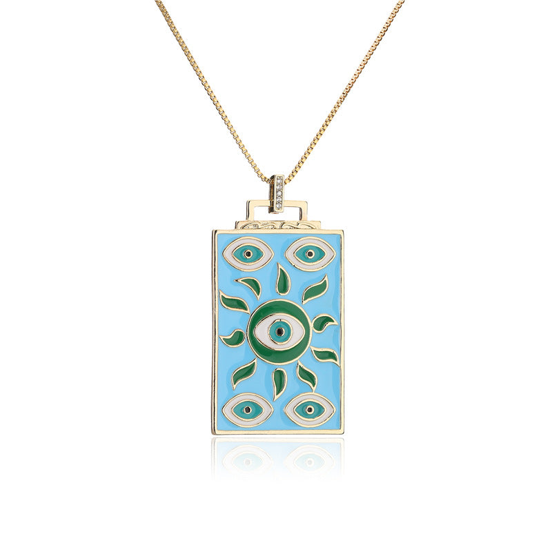Personalized Geometric Eye Sun Drip Oil Gold Plated Brass Necklace with Cubic Zirconia Box Chain