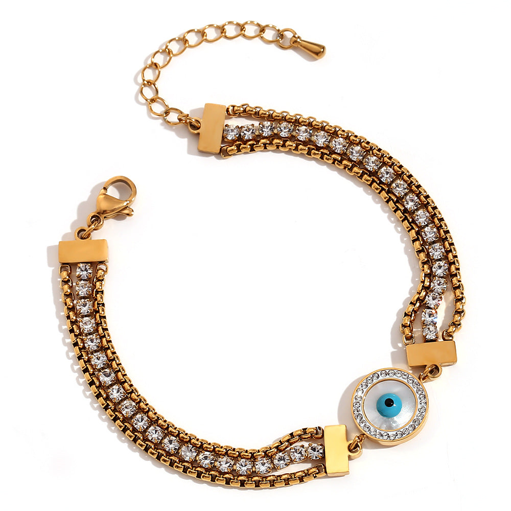 Bracciale da donna a triplo strato con zirconia rotonda e quadrata placcato oro 18 carati in acciaio inossidabile geometrico alla moda