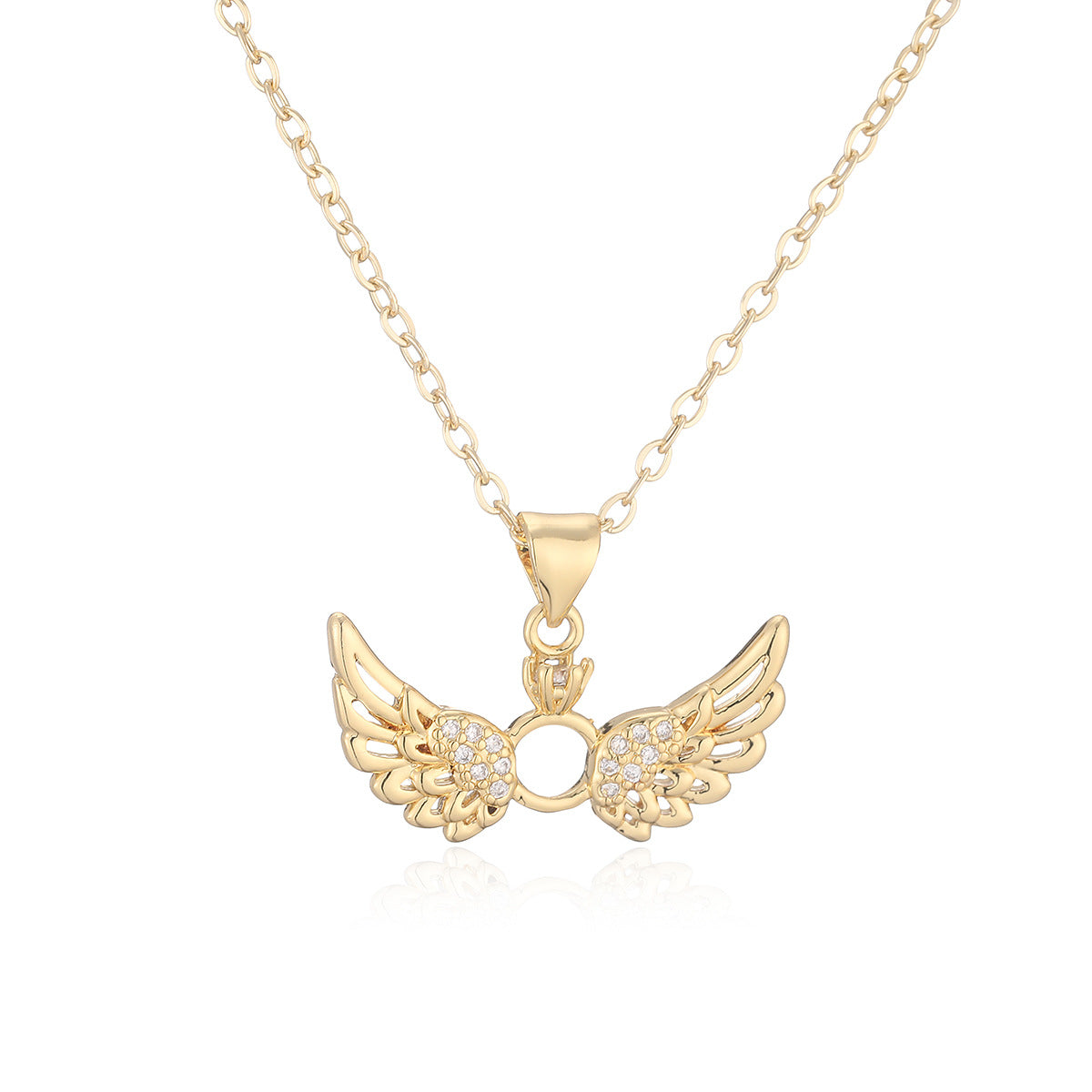 Minimalist 18K Gold Plated Brass Heart Wing Pendant Necklace with Cubic Zirconia for Women