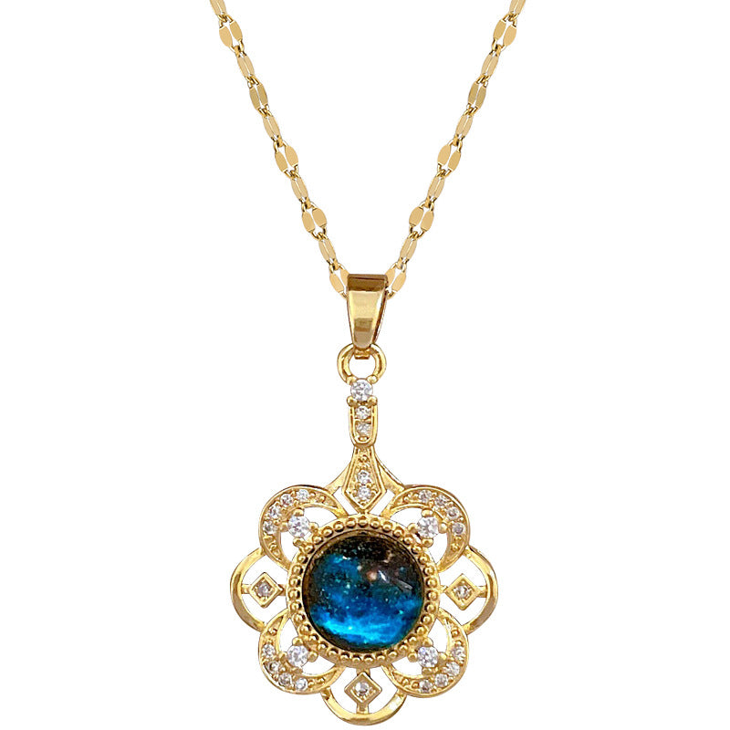 Luxury Starry Sky Floral Pendant Necklace for Women Titanium Steel Geometric Chain with Rhinestone Inlay Elegant Clavicle Necklace