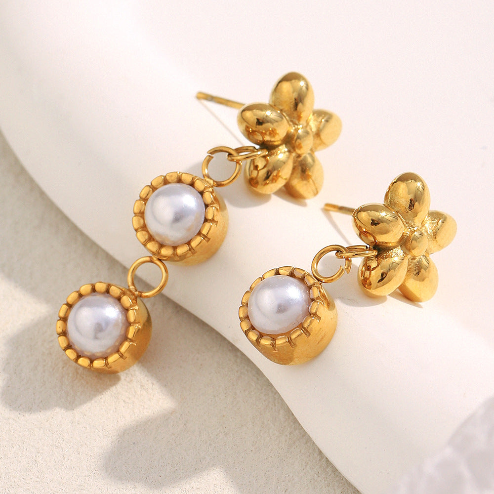 Minimalist Asymmetrical Flower Stud Earrings in Stainless Steel with 18K Gold Plating and Simulated Pearl Accents