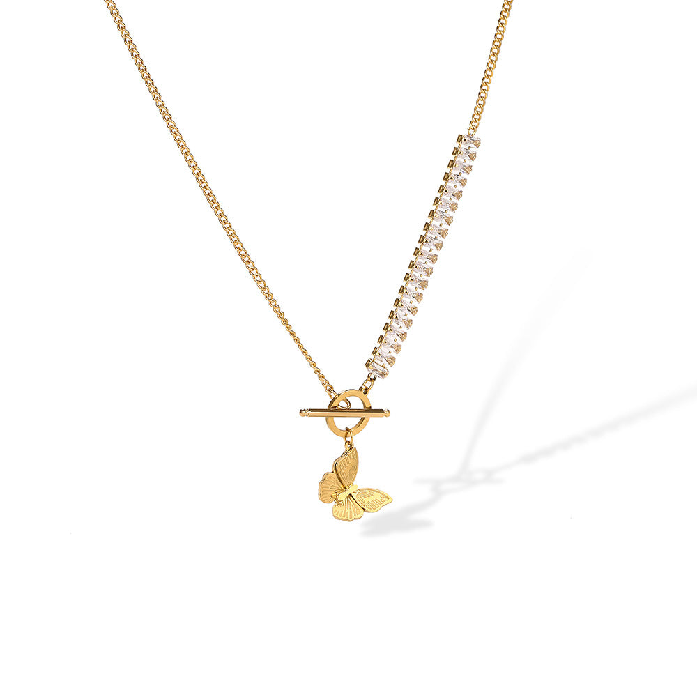 Collana Minimalista da Donna a Doppio Strato con Ciondolo Occhio di Allah, Catena in Acciaio al Titanio e Ciondolo a Farfalla