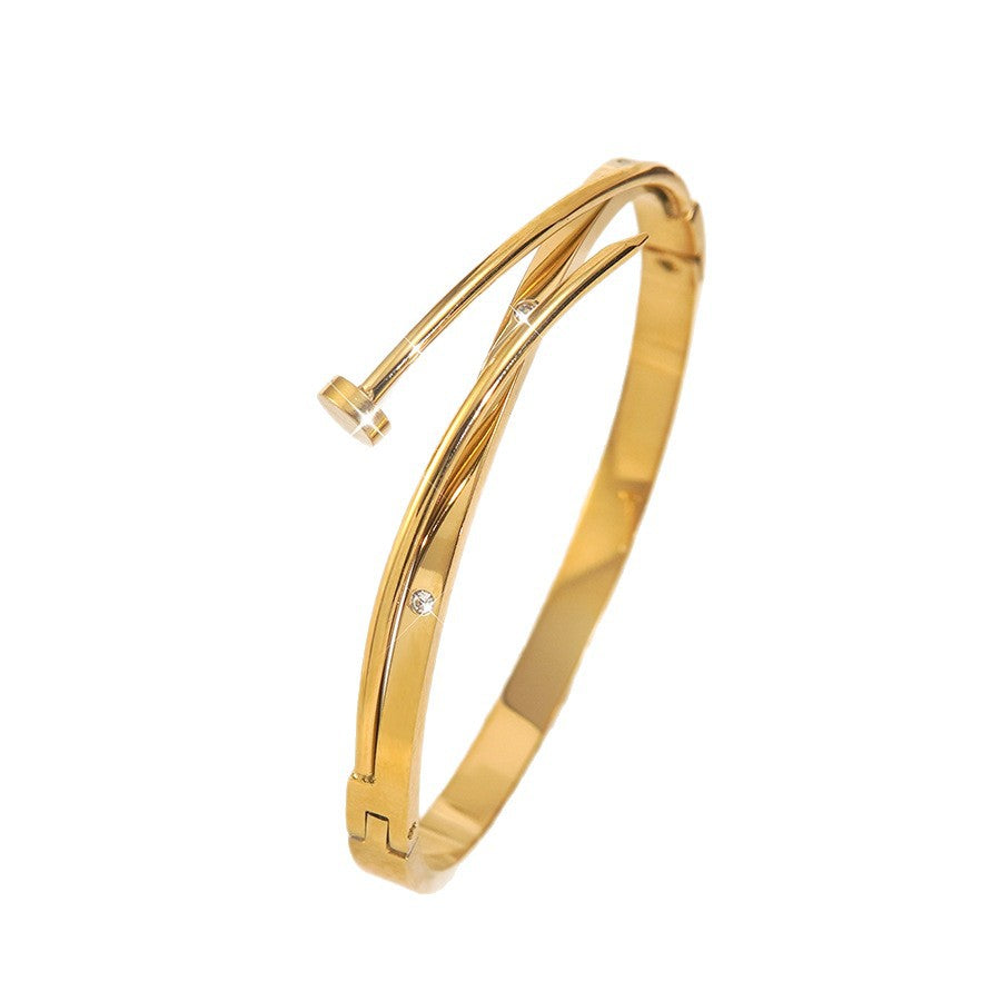 Bracciale geometrico elegante placcato oro 18 carati con chiodo, in acciaio inossidabile e titanio