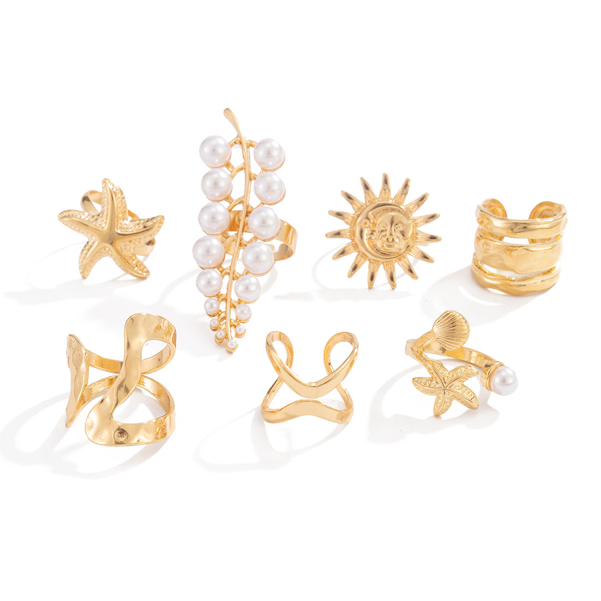 Sweet Star Shaped Zinc Alloy Plated Ring Set with Pearl Inlay for Women