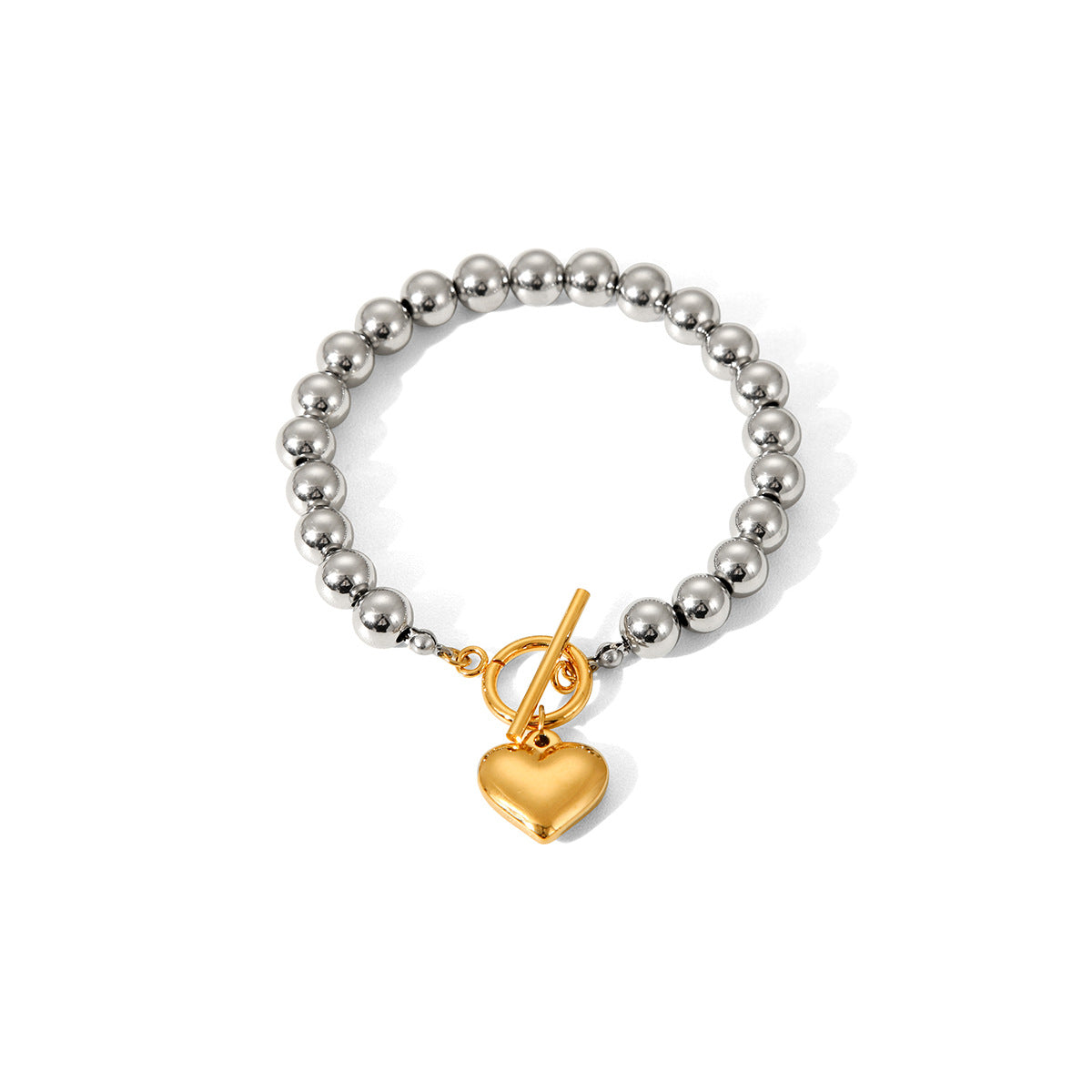 Minimalist Heart-Shaped Stainless Steel Plated Bracelet for Women with Round Beads and Geometric Design