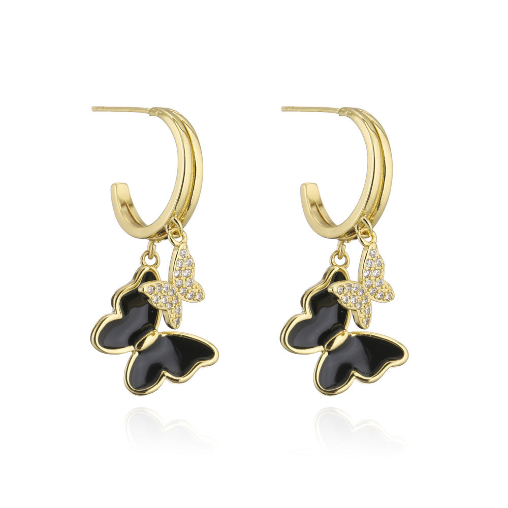 Minimalist Butterfly Earrings in Copper with 18K Gold Plating and Zircon Inlay