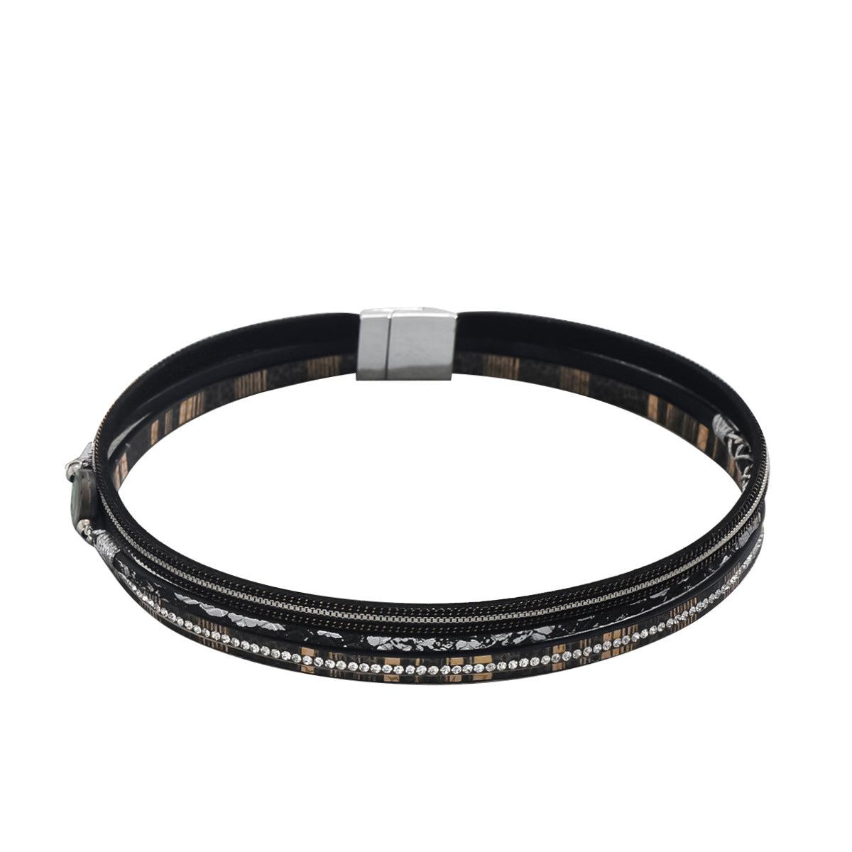 Bohemian Style Geometric Leather Bracelet with Rhinestone Inlay for Women Vintage Artistic Multi-Layer Stackable Wristband