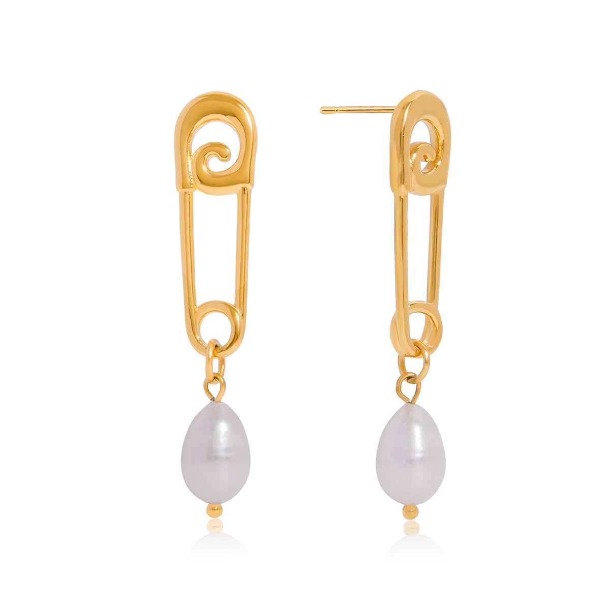 Orecchini da donna minimalisti a forma di graffetta in acciaio inossidabile con perle d'acqua dolce e finitura placcata