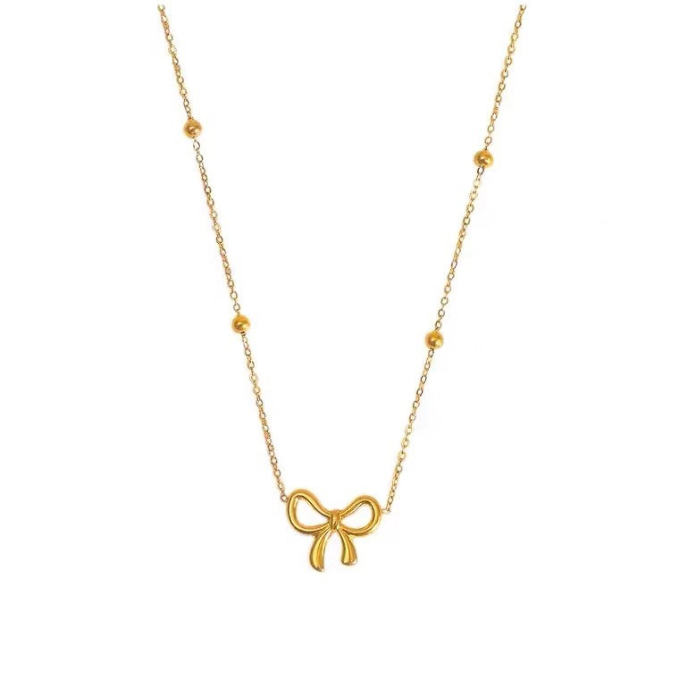 Minimalist Bow Knot Lucky Bead Necklace 18K Gold Plated Titanium Steel O-Chain Unisex