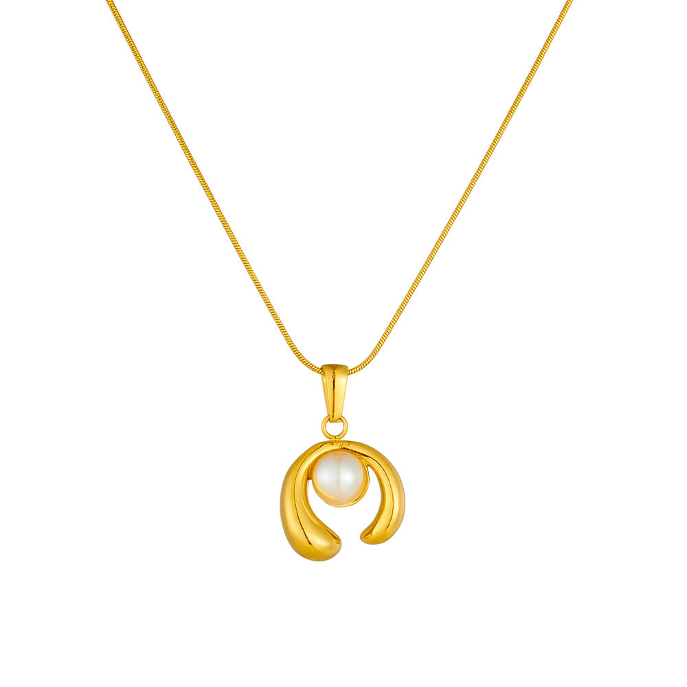 Minimalist Business Geometric Stainless Steel Pearl Inlay Plated Pendant Necklace with Snake Chain for Women