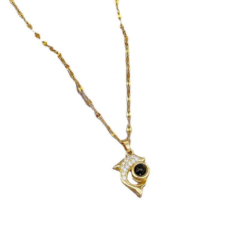 Collana da donna in acciaio al titanio a forma di delfino, stile esotico, con placcatura in oro micropavé, delicata catena clavicola dal design geometrico