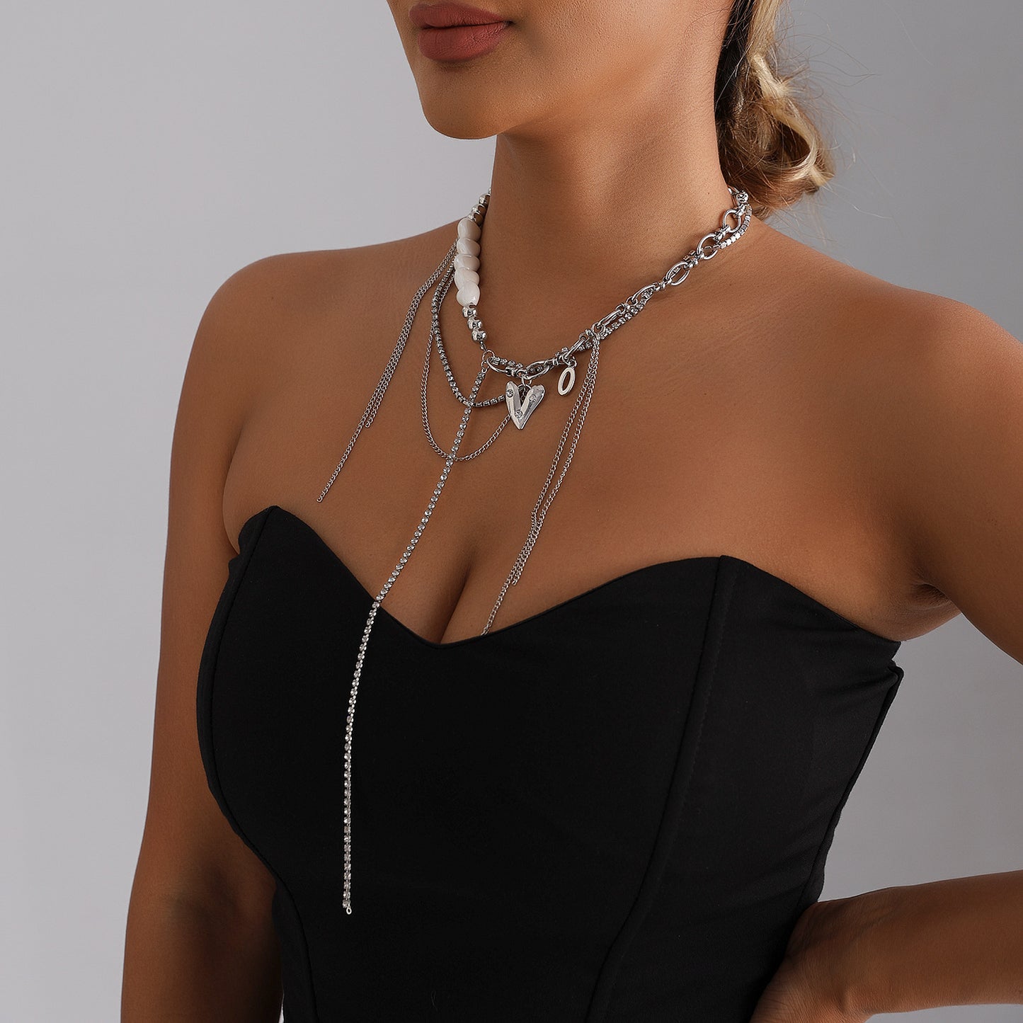 Streetwear Heart Geometric Ceramic Plated Alloy Rhinestone Necklace for Women
