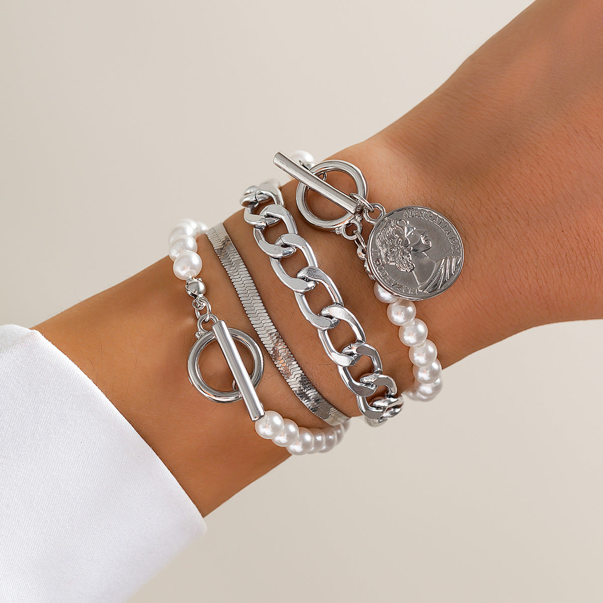 Minimalist Geometric Pearl-Style Beaded Bracelet Set with Tassel and Chain Accents for Women