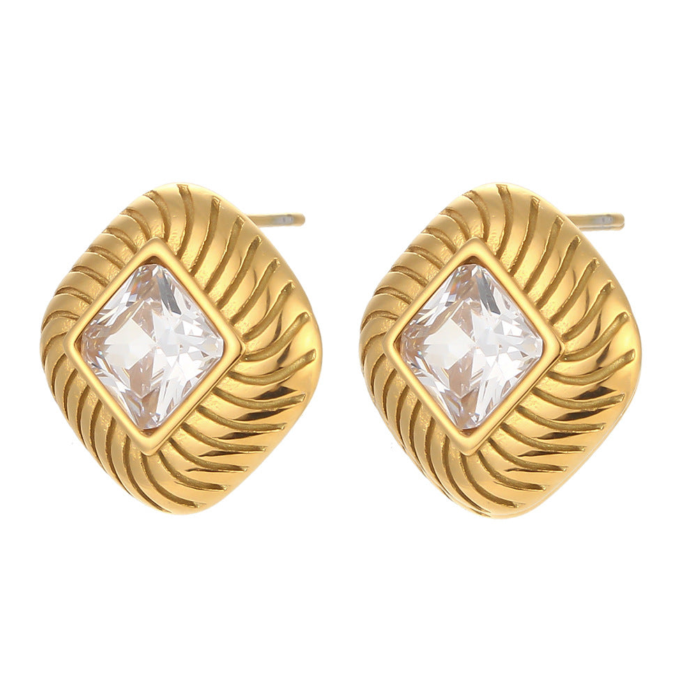 Pendientes de rombo geométricos de acero inoxidable de moda con baño de oro de 18 quilates e incrustaciones de circonitas para mujer