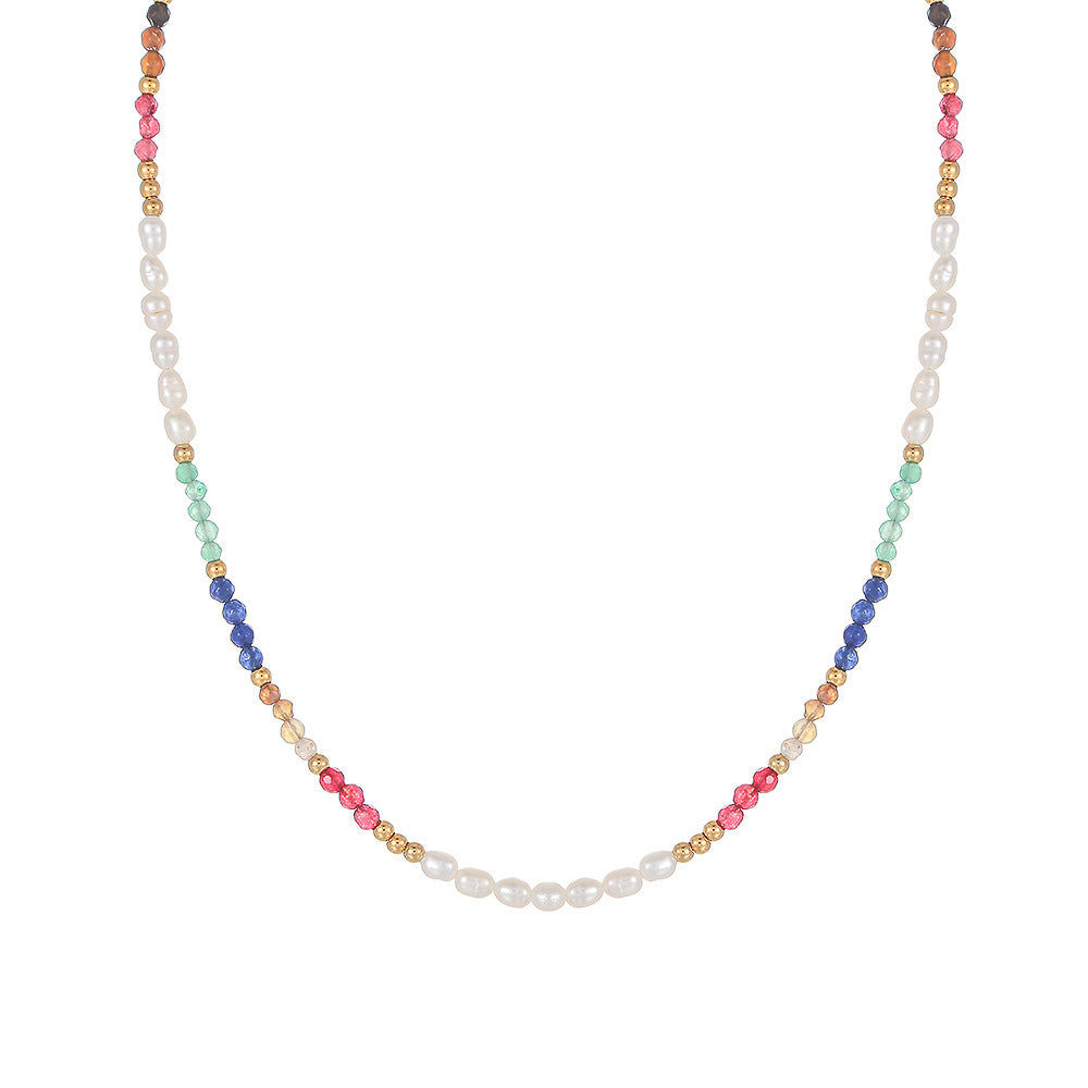 Geometric Colorful Gemstone and Freshwater Pearl Beaded Necklace Stainless Steel Plated Curb Chain for Women
