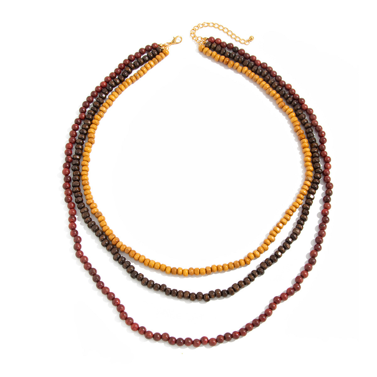 Vintage Geometric Wood Bead Necklace Multi-layered Ball Chain Long Pendant for Women