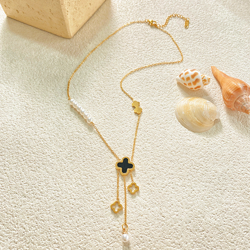 Hollow Four-Leaf Clover Tassel Titanium Steel Necklace
