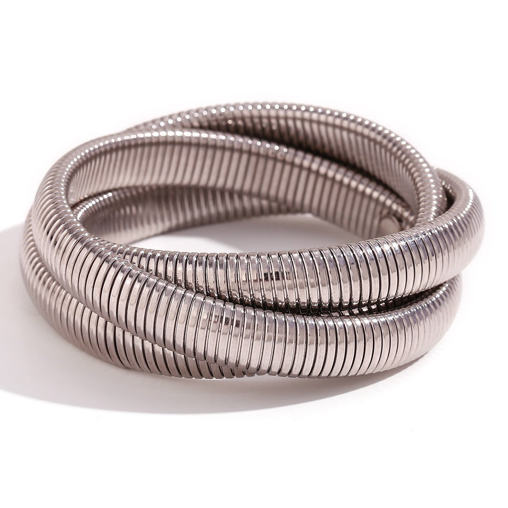 Minimalist Titanium Steel Bracelet with 18K Gold Plated Triple-Wrap Elastic Snake Chain for Women