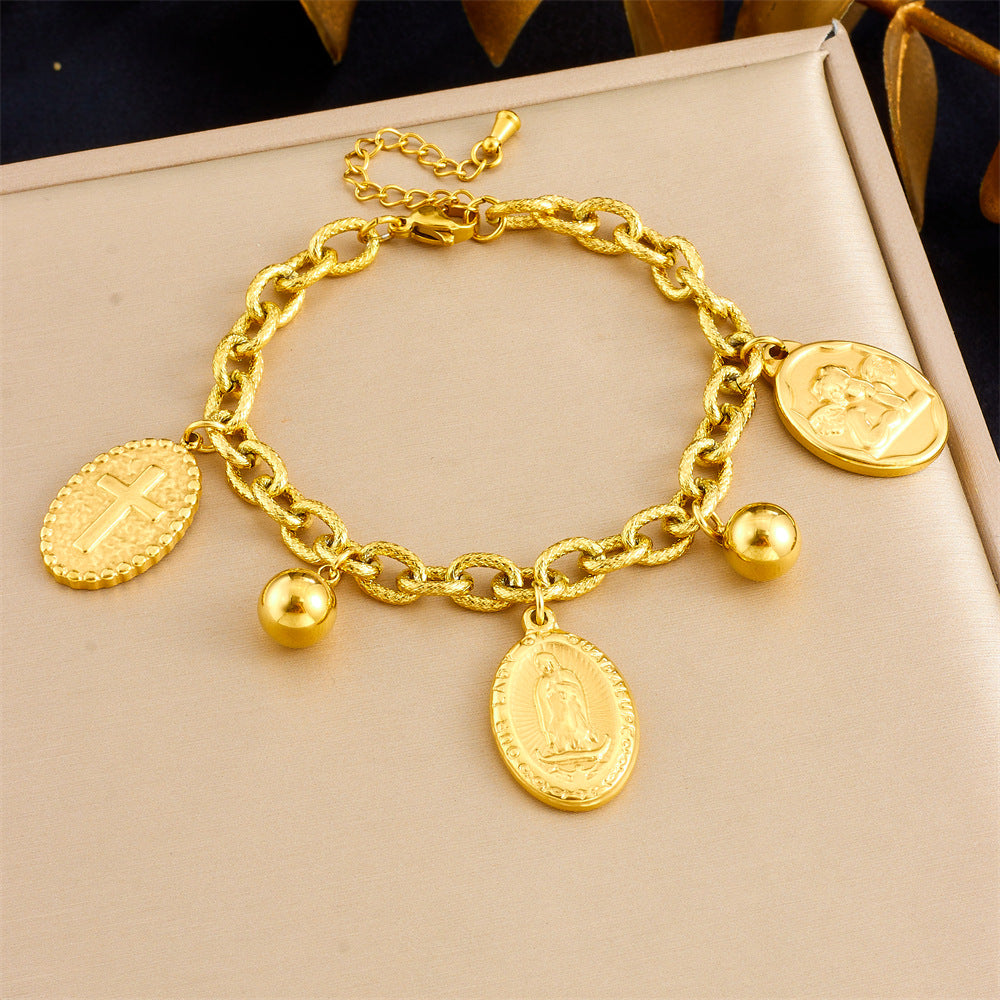 Vintage Oval Portrait Coin Pendant Necklace Set in Stainless Steel with Gold Plating for Women
