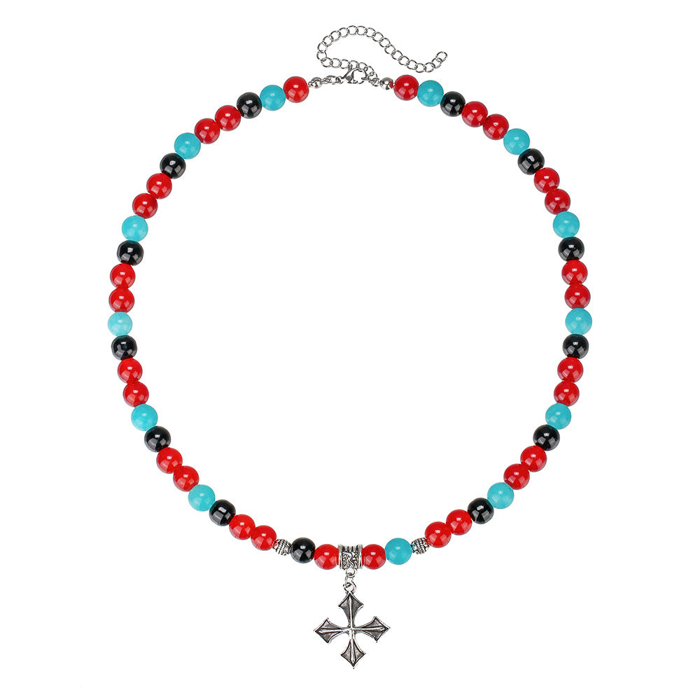 Bohemian Geometric Cross Agate Gemstone Glass Bead Ball Chain Necklace Unisex Handmade