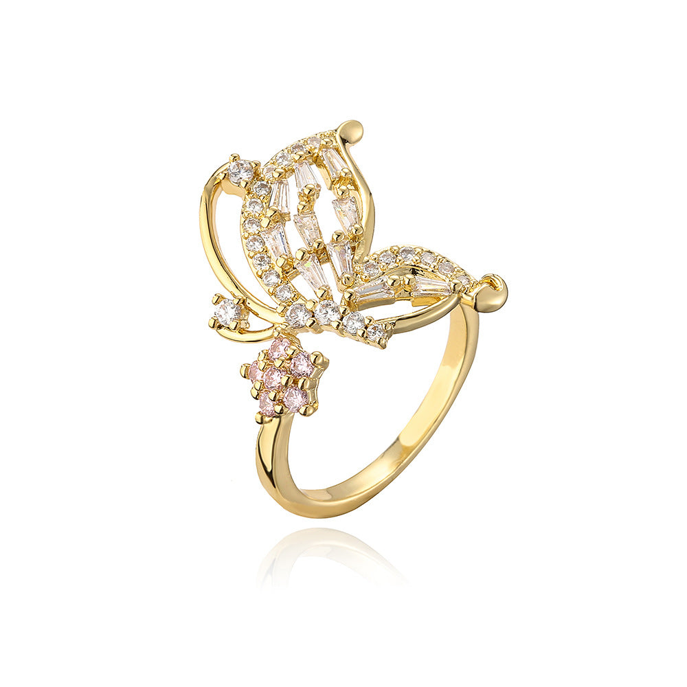 Geometric Butterfly Open Ring for Women in Copper with 18K Gold Plating and Zircon Inlay