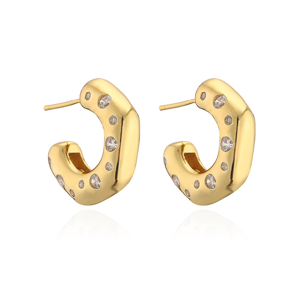 Orecchini a perno geometrici irregolari da donna in rame con micro-incastonatura, gioielli minimalisti e alla moda per tutti i giorni