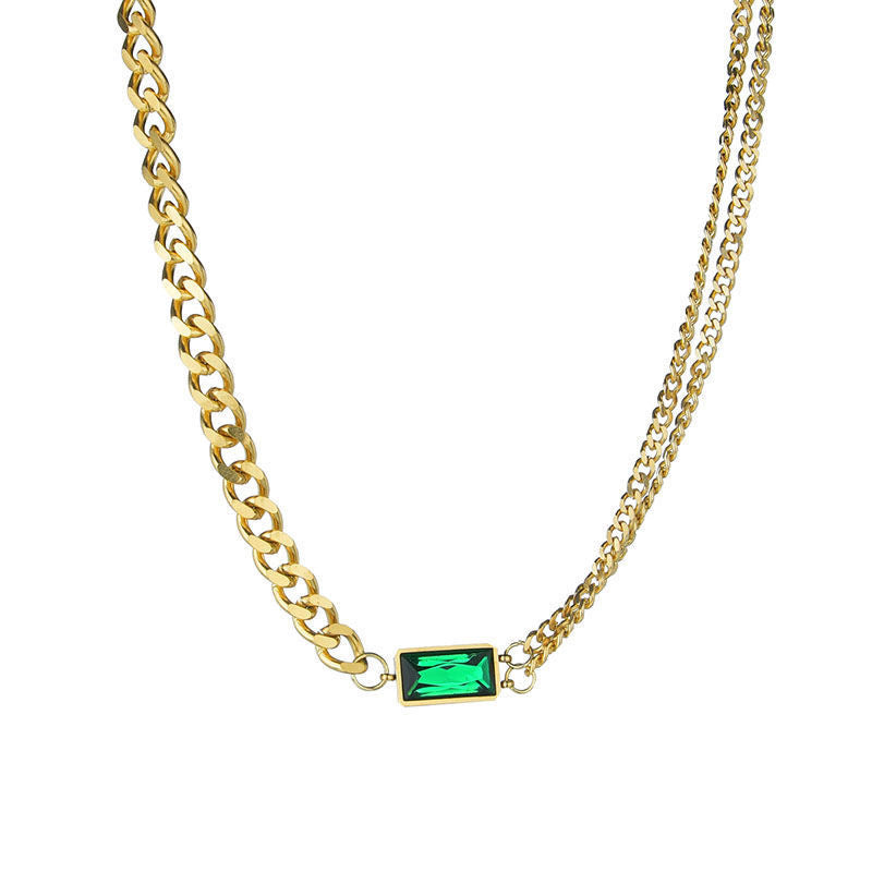 Vintage Geometric Titanium Steel Plated Double-Layer Clavicle Necklace with Emerald Zircon Accents