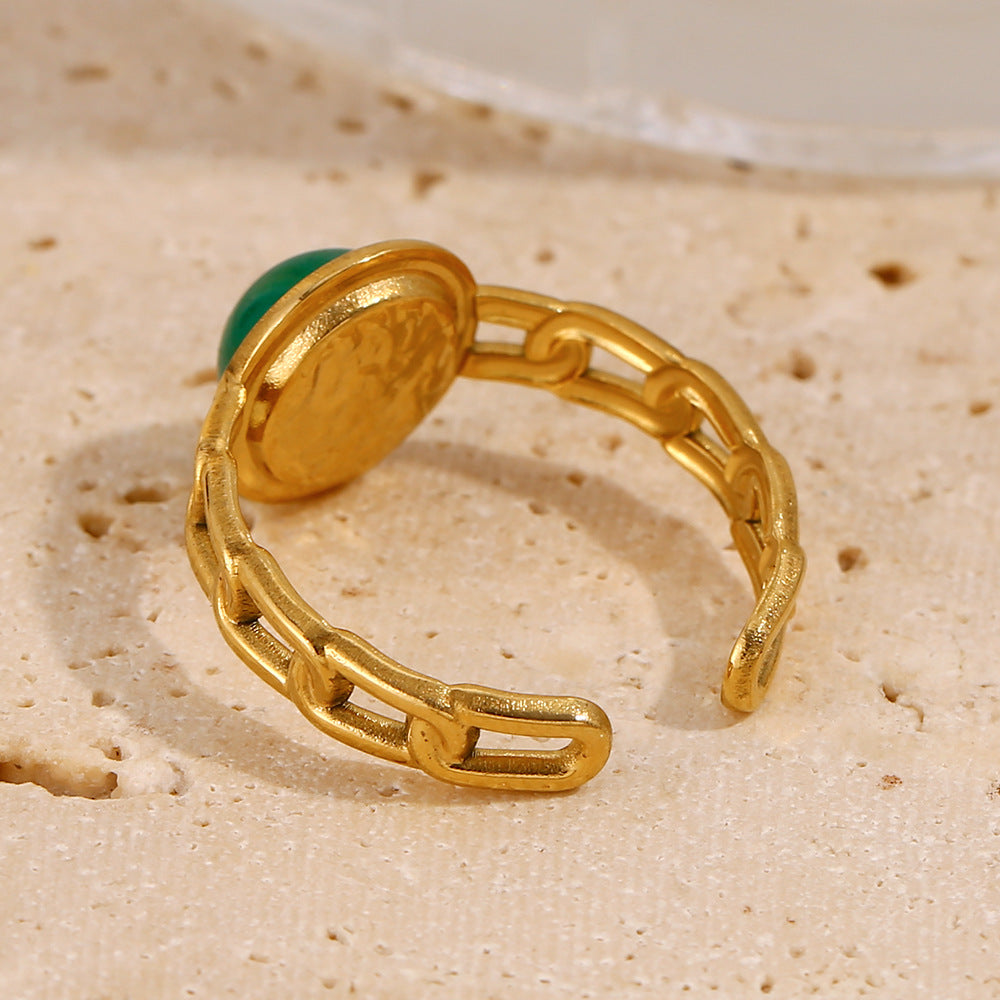 Vintage Geometric Stainless Steel Plated 18K Gold Green Gemstone Open Ring for Women