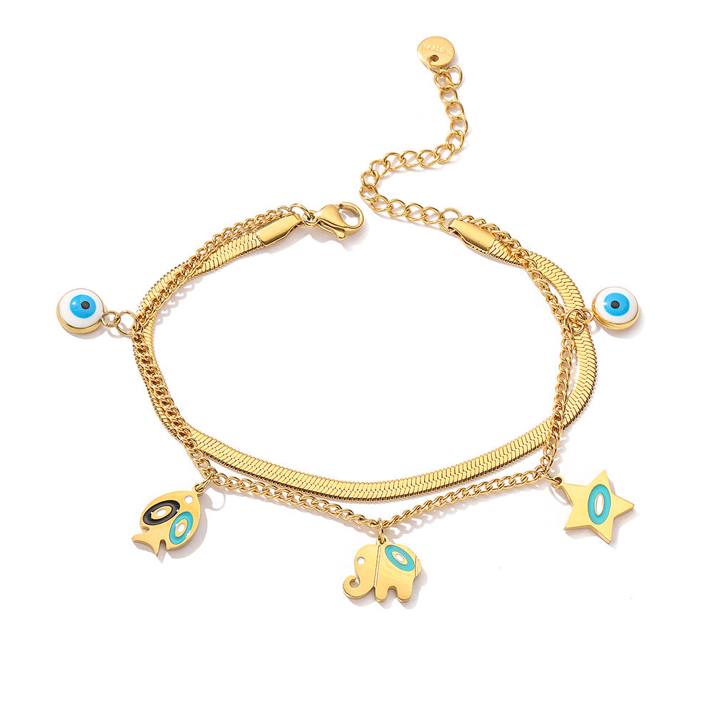 Fashionable Geometric Titanium Steel Double-Layer Bracelet for Women with Gold Plating and Irregular Elephant Eye Floral Leaf Design