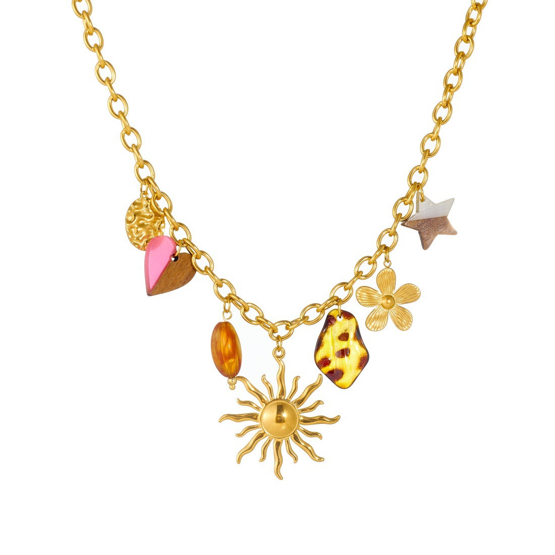Vintage Gold Plated Stainless Steel Acrylic Wood Leopard Print Heart Flower Sun Pendant Necklace for Women