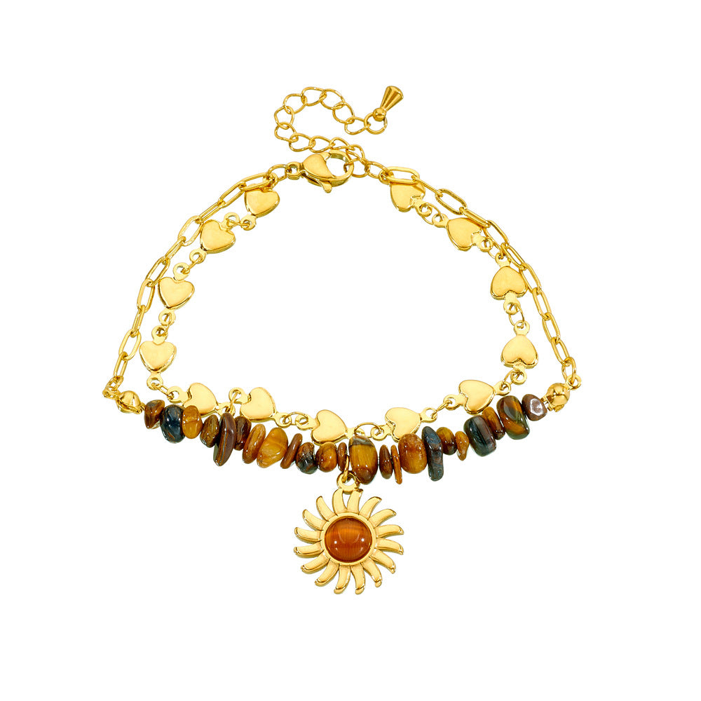 Vintage Heart Sun Stainless Steel Bracelet with Tiger Eye Beads and Double Layer Cable Chain