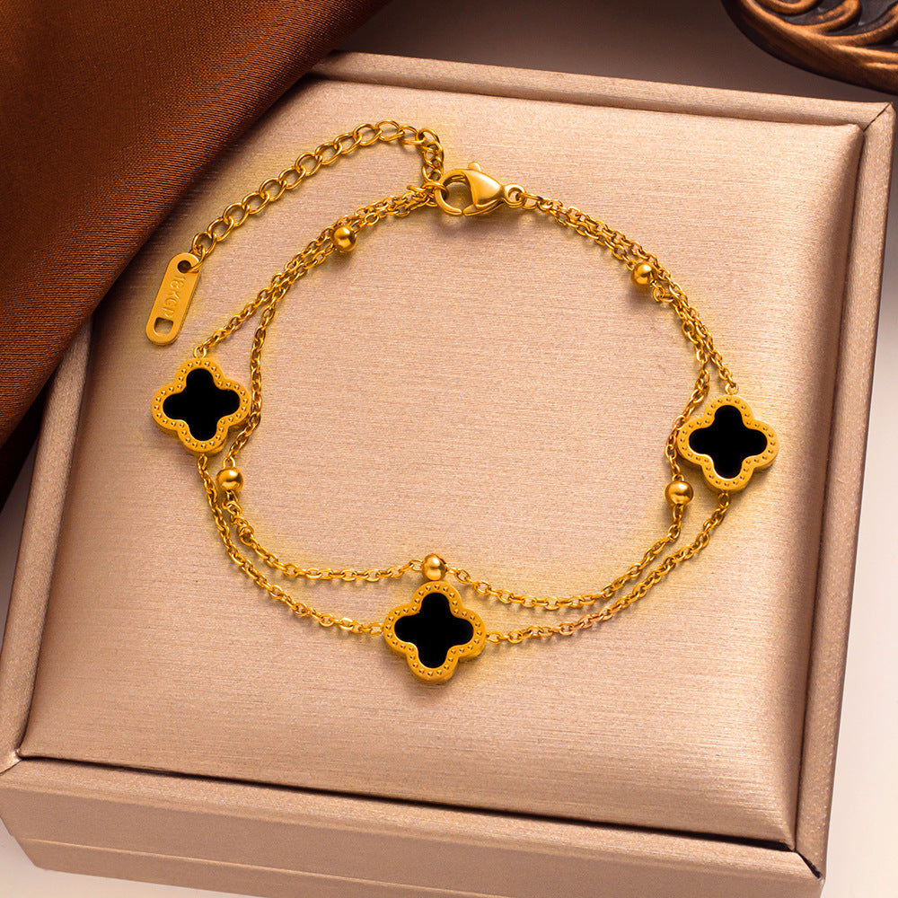 Fashion Double Layer Four Leaf Clover Bracelet 18K Rose Gold Plated Titanium Steel Geometric Design Women Jewelry
