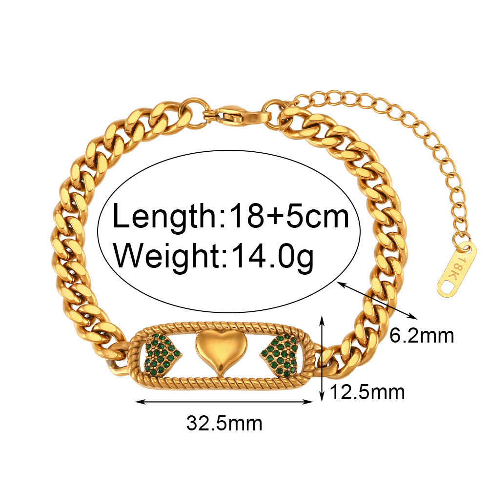 Pulsera de eslabones huecos con forma de corazón, chapada en oro de 18 quilates, de acero inoxidable geométrico, con microincrustaciones de circonia cúbica