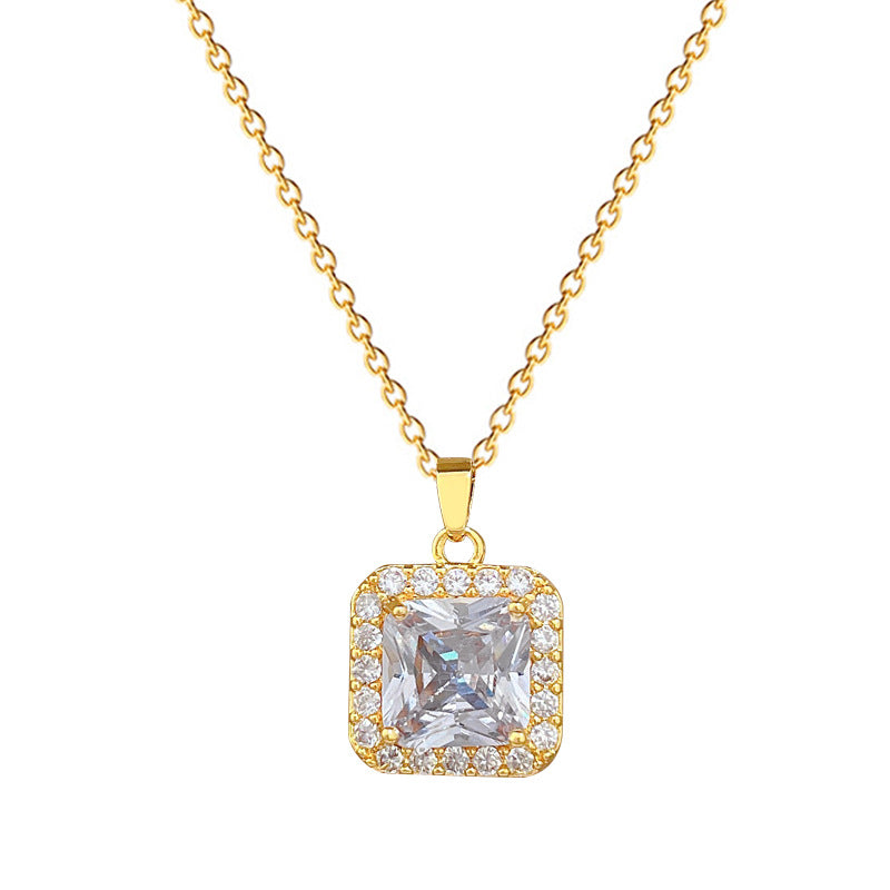 Sweet Minimalist Square Geometric Micro-Inlaid Cubic Zirconia Titanium Steel Necklace for Unisex