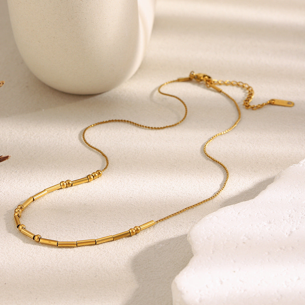 Minimalist Geometric Stainless Steel Pendant Necklace with 18K Gold Plated Beads and Round Tube Links
