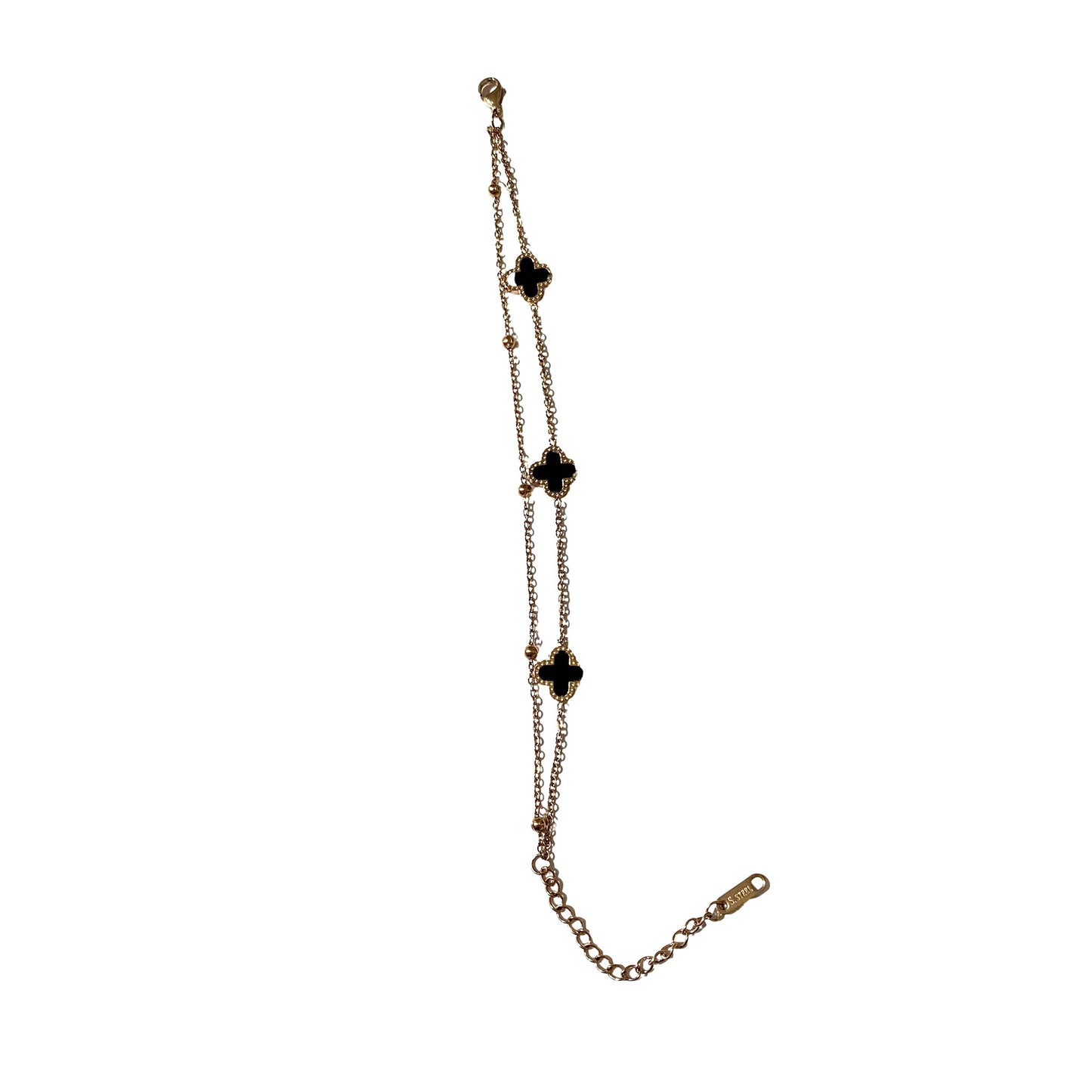 Luxury Elegant Geometric Rose Gold Plated Stainless Steel Four-Leaf Clover Bracelet with Double Layer Pearls