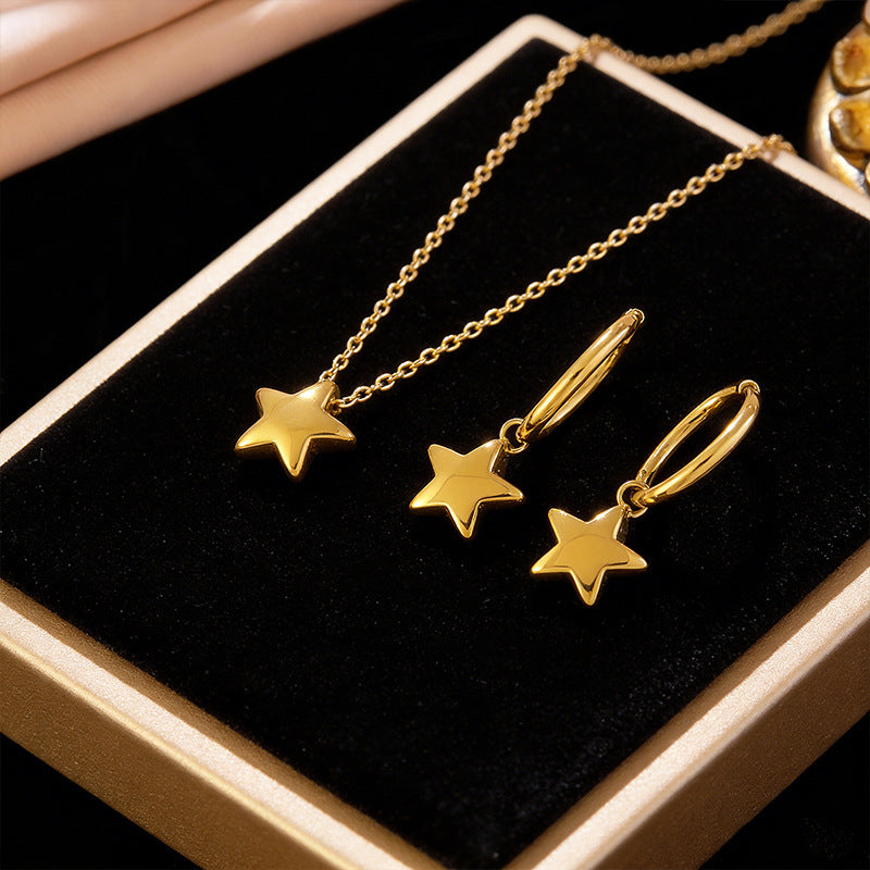 Minimalist Elegant Star Stainless Steel Plated Pendant Necklace and Earring Set with Cable Chain for Women