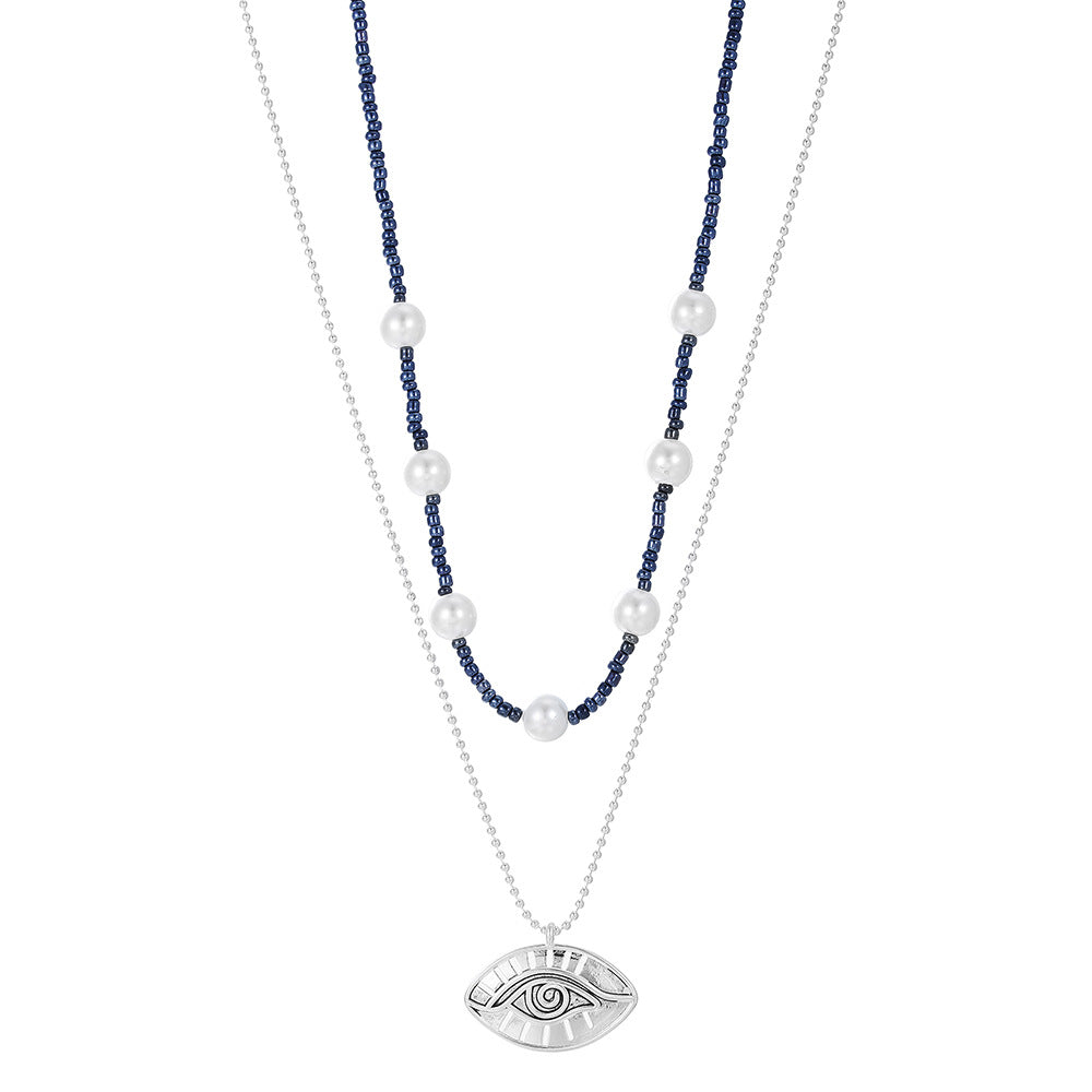 Vintage-Style Evil Eye Pendant Necklace for Men with Imitation Pearl and Copper, Geometric Design, O-Chain, Silver-Plated